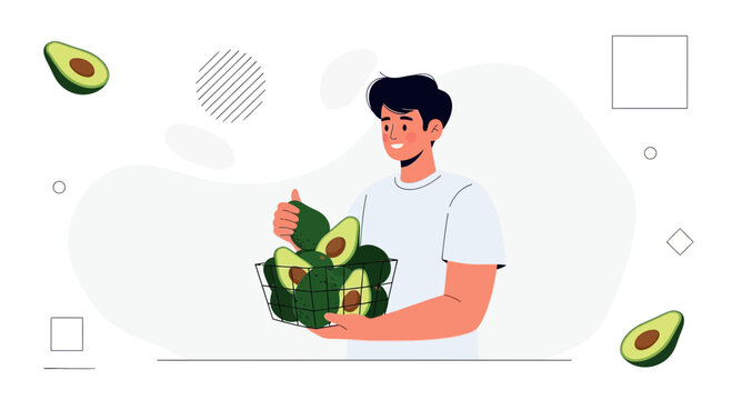 Smiling Man Holding Basket of Avocados, Healthy Food Concept, Vector Illustration
