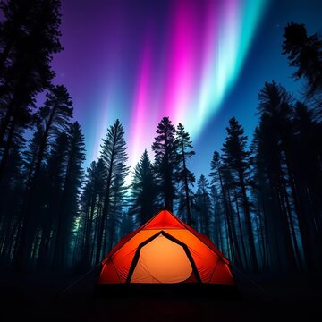 Glowing tent surrounded by dark forest under vibrant aurora borealis lights, ||aurora borealis, camping adventure