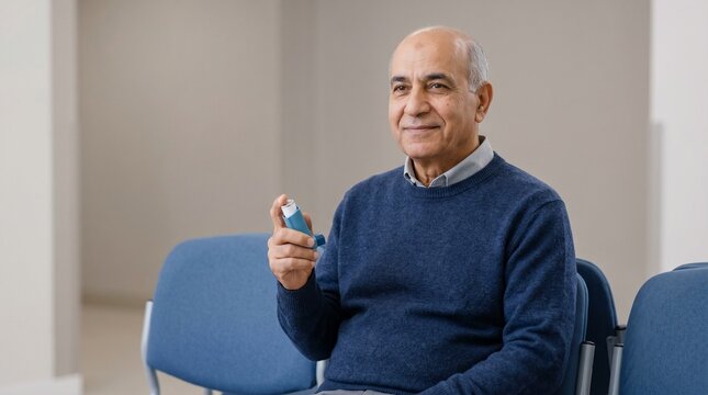 Senior Middle Eastern man with inhaler, Asthma clinic appointment, Respiratory healthcare waiting room, Calm medical portrait
