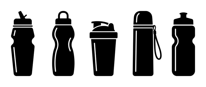 Set of 5 Black Silhouette Water Bottles, Shaker Cups, and Thermos Flasks for Fitness and Hydration
