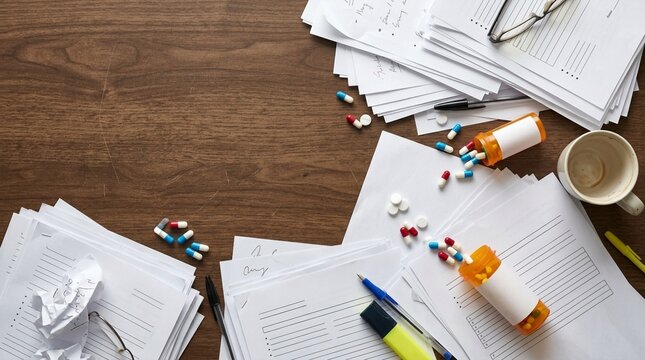 Overhead view of medical pills scattered on documents and desk with prescription bottles and a coffee mug
