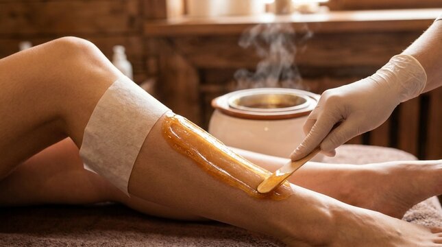 Close-up of professional applying sugar wax paste for hair removal on woman's leg in a spa