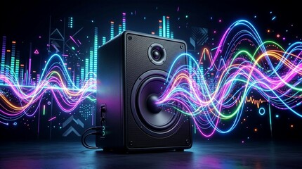 Modern speaker emitting colorful neon sound waves and waveform visuals on a dark background