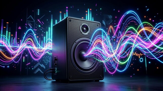Modern speaker emitting colorful neon sound waves and waveform visuals on a dark background