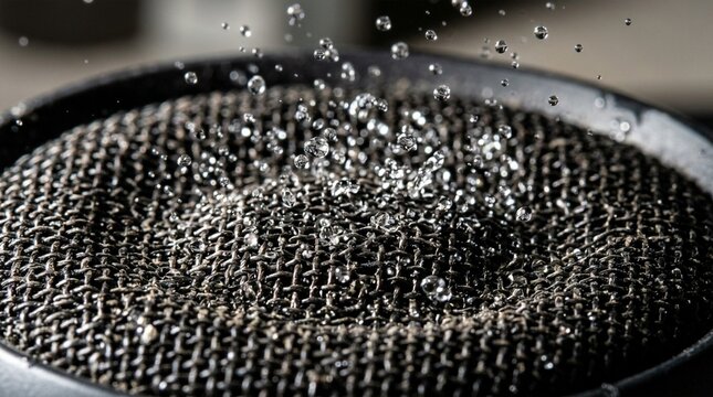 Water drops falling and splashing on a metal mesh surface in a close-up shot