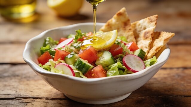 Fresh Mediterranean salad with toasted pita chips and vibrant vegetables