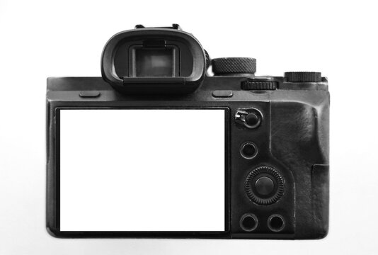 Full Frame mirrorless camera. photo Camera. side rear view of body. empty mockup white monitor, blank screen mock up. visor digital camera with blank white screens isolated on black background mock-up