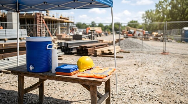 A shaded construction site hydration station with a blue water cooler, yellow hard hat, folded cooling towels, and safety supplies for outdoor worker heat illness prevention.