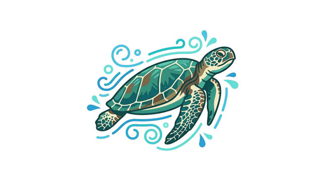 Cartoon sea turtle swimming in ocean water with bubbles