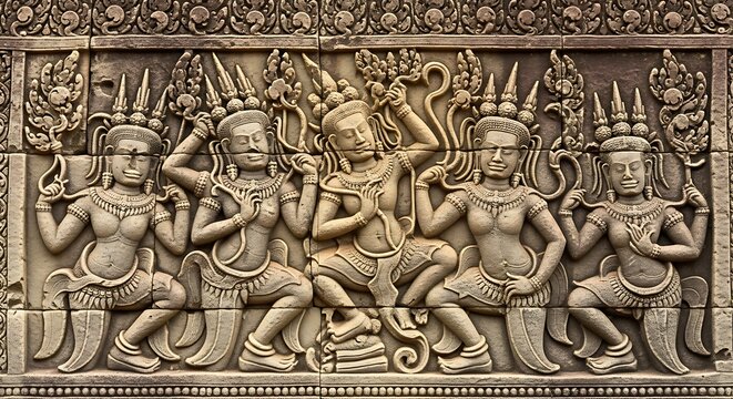 Ancient Stone Apsara Dancers Carved on Ornate Temple Relief