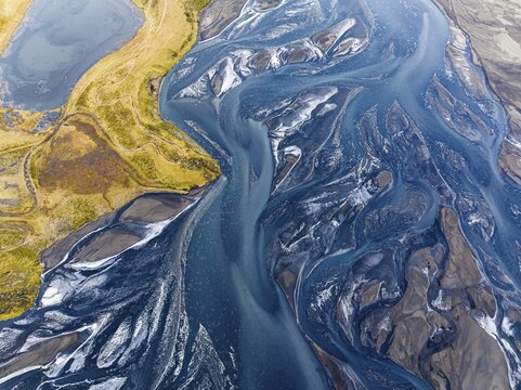 Overgrown river landscape, Eldhraun, near Kirkjubaejarklaustur, drone image, Sudurland, Iceland