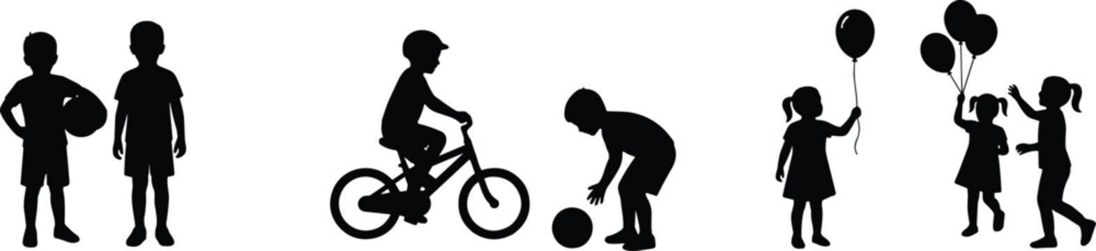 Happy children playing black silhouettes collection featuring kids riding bicycle holding balloons and playing ball on white background