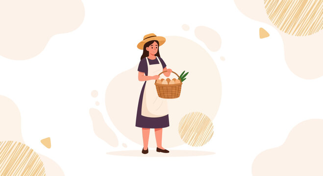 Woman Farmer with Basket of Eggs and Greens, Harvest, Farm Life, Sustainable Agriculture, Organic Food