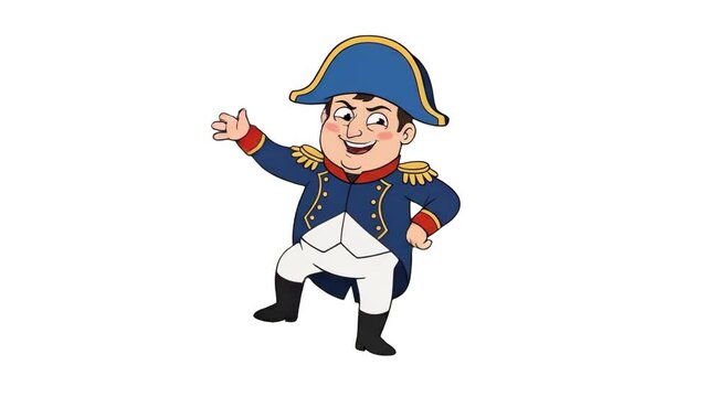 A comical 2D animated French Emperor Napoleon Bonaparte character in full historical military uniform and bicorn hat waves and dances against an isolated white background. Perfect for funny history pr