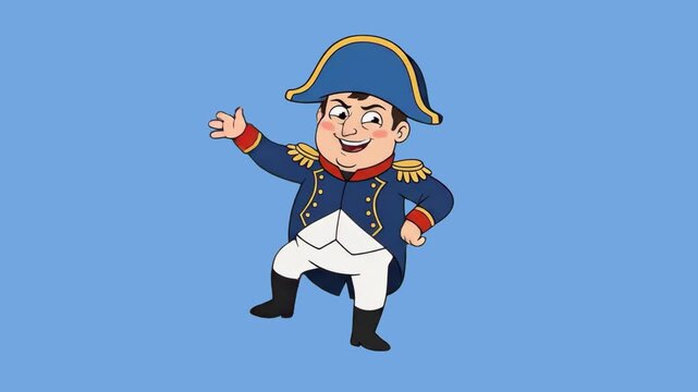 A 2D vector animation of a historical French emperor or general character in military uniform dancing joyfully. The cartoon general smiles and performs dance steps against a clean, light blue backgrou