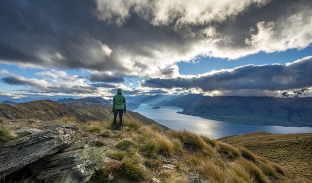 Hiker looks into the distance, view of Lake Wanaka in the evening light, lake and mountain landscape, view from Isthmus Peak, Wanaka, Otago, South Island, New Zealand