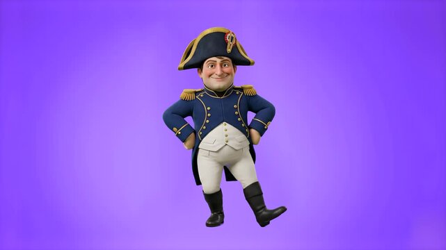 A cheerful 3D cartoon Napoleon Bonaparte or military general in a historical blue uniform and bicorne hat dancing happily, isolated on a vibrant purple background. Ideal for history comedy skits, educ
