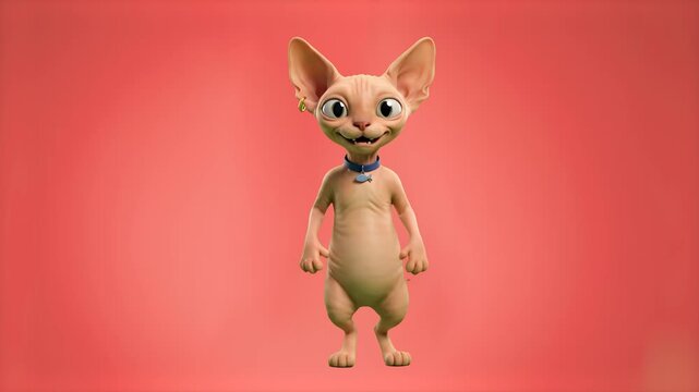 An adorable, hairless 3D animated Sphynx cat character with large blue eyes stands and comically dances against a solid coral or salmon pink studio backdrop. Perfect for funny pet videos, quirky socia