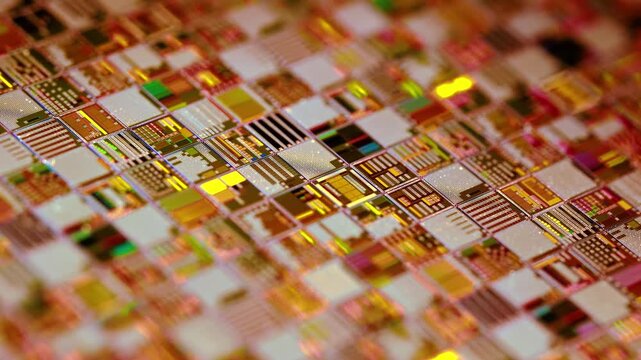 Macro view of silicon wafer semiconductor with detailed microchip patterns and shifting light reflections.