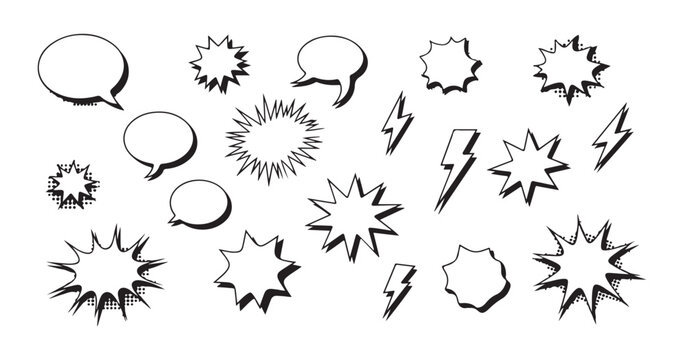 Outline comic speech bubbles and flash symbols with halftone dot effects for retro graphic design layout.