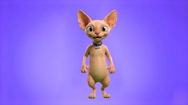 An adorable, hairless 3D animated Sphynx cat character with large blue eyes stands and comically dances against a solid bright purple studio backdrop. Ideal for funny pet clips, quirky social media ad