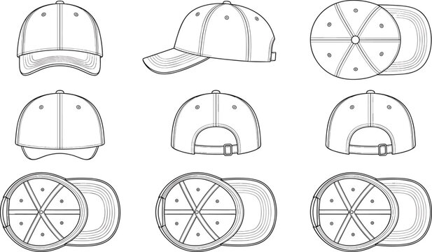 Baseball Cap Technical Fashion Flat Template Set with Multiple Views for Headwear Design and Manufacturing