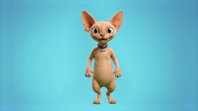 An adorable 3D animated hairless Sphynx cat cheerfully dancing and groove moving, set against a soft light blue studio backdrop. Ideal for funny animal videos, pet brand commercials, animated mascot c