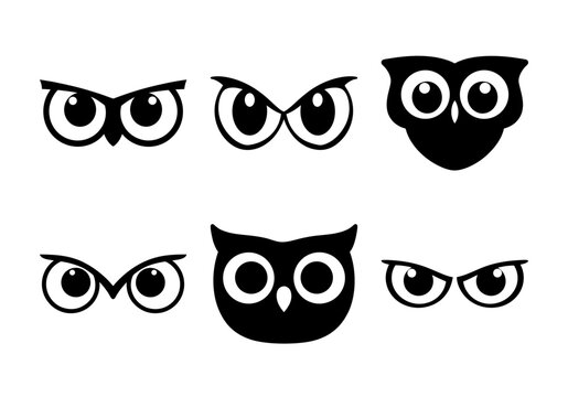 Six cartoon owls with expressive eyes and faces - A set of six stylized black and white owl icons featuring different expressive eyes and faces for varied designs and moods.