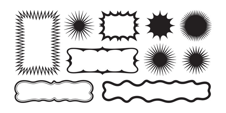 Irregular border shapes set including jagged rectangles and wavy long frames with sunburst accents vector.