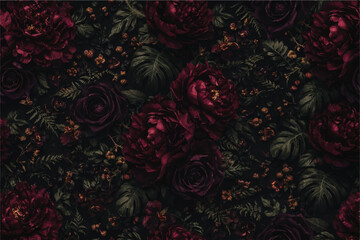 Dark moody botanical floral seamless wallpaper background with oversized peonies, roses and leaves on deep charcoal black background in jewel tone palette © Muhammad