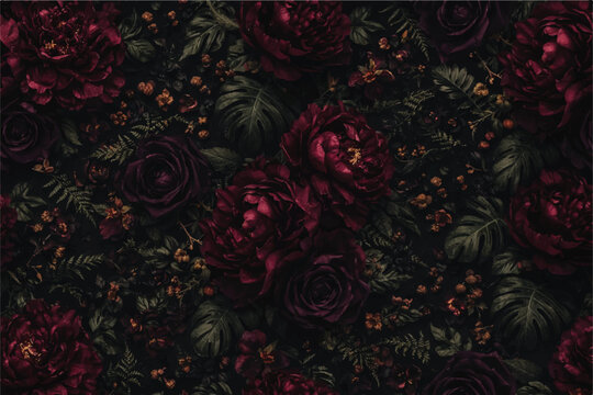 Dark moody botanical floral seamless wallpaper background with oversized peonies, roses and leaves on deep charcoal black background in jewel tone palette