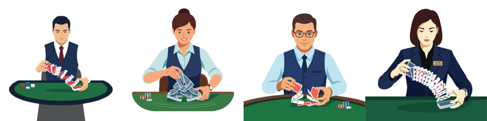 Fototapeta premium A flat design vector illustration of a dealer shuffling a deck of cards smoothly. Minimalist style, focused and clear facial features, no outlines, solid modern colors. Isolated on a white background.