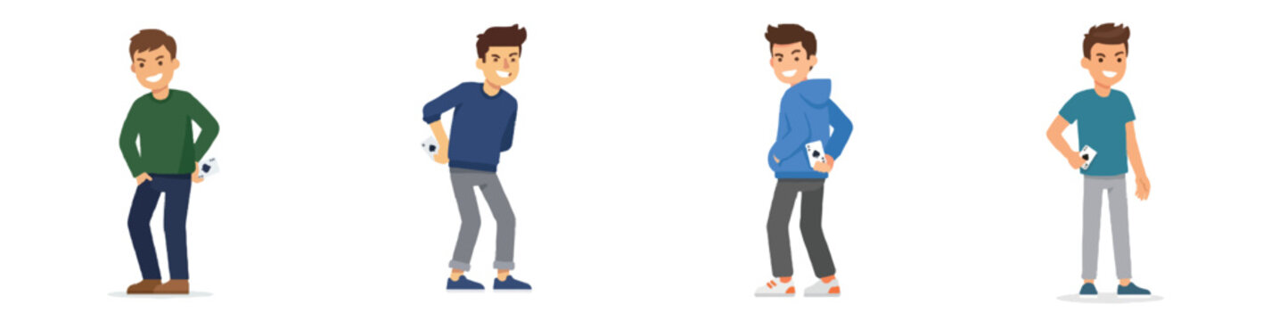  A flat design vector illustration of a young man grinning mischievously while hiding a card behind his back. Minimalist style, no outlines, clear playful face, solid colors. white background