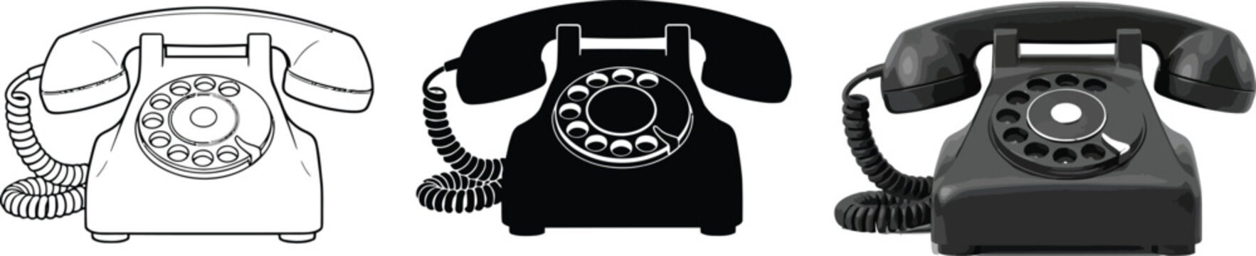 Collection of vintage rotary dial telephones classic communication devices in outline black and grey styles for retro design concepts