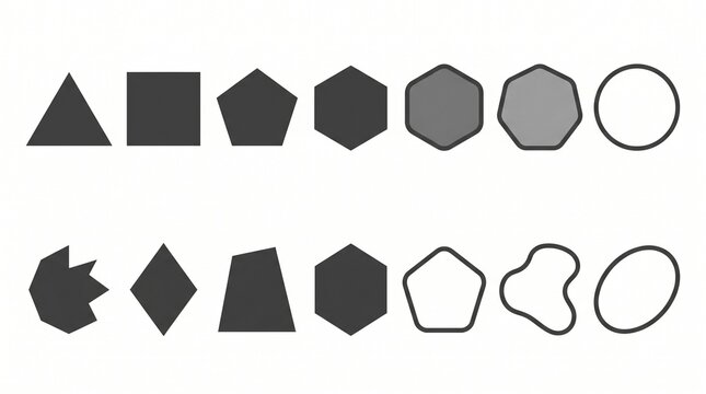 Two rows of geometric polygons transitioning from solid to outlined and angular to rounded, illustrating shape evolution in minimalist vector design.