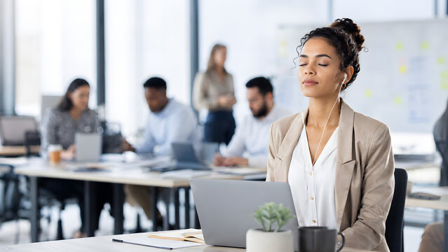 Professional woman taking quiet focused moment during busy workday