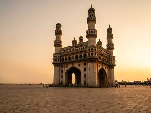 Historical Charminar monument in Hyderabad India during a warm golden sunset