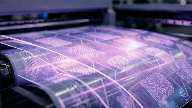 Closeup medium view of UVmarker embedded smart films glowing under UV light enabling seamless sorting and verification in industrial processing lines.