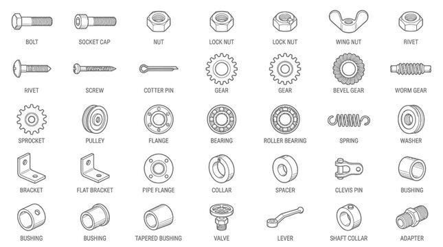 Assortment Of Fasteners And Mechanical Components White Background