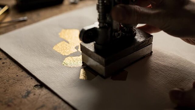 Closeup of a skilled artisan applying gold foil stamping to a luxury invitation highlighting the gleaming metallic finish and precise logo detailing on premium cardstock.