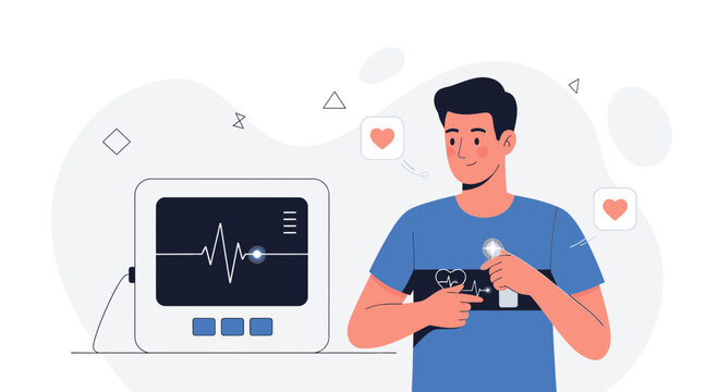 Man with ECG monitor and heart rate display, illustrating health, wellness, and medical technology concepts