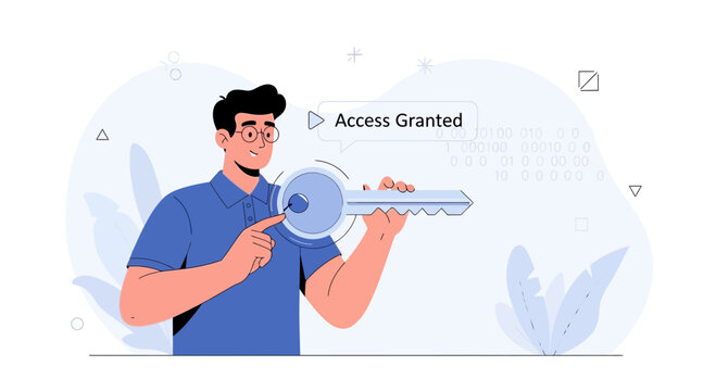 Man with Key and Access Granted Notification, Digital Security Concept, Modern Vector Illustration