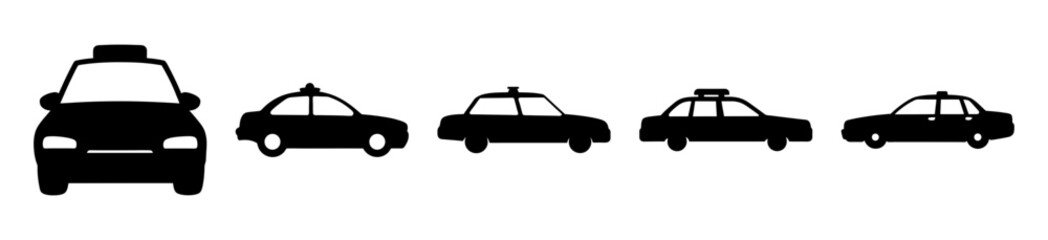 Five stylized taxis in a row vector illustration - Sleek black taxis lined up in sequence, minimalist and modern vector design for icons or graphics. © Tanjila