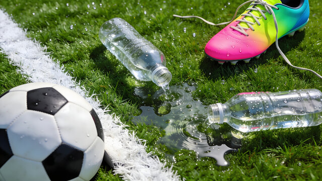 Top View Soccer Ball Spilled Water Bottles and Colorful Football Cleat on Grass Field
