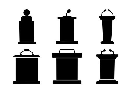 Black podium and microphone icon set - Six stylish black podium icons with microphones in different designs for presentations and speeches