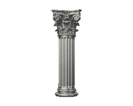 Vintage Corinthian column vector illustration with ornate capital and fluted shaft in retro halftone circle dots pattern isolated on white background