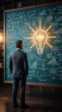 A man in a suit observes a blackboard with complex diagrams, graphs, and a glowing lightbulb labeled "Eureka," symbolizing innovation and problem-solving.