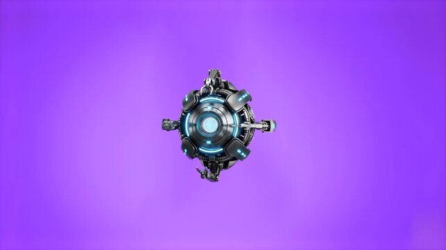 A detailed 3D render of a spherical mechanical drone with glowing neon elements floating against a solid purple background. This motion graphics asset is designed for futuristic presentations, technol