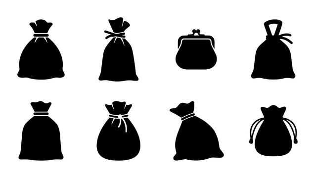 Set of 8 Black Silhouette Pouches and Drawstring Bags, Vector Icons for Storage and Gifts