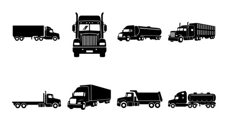 Diverse Truck Collection Vector Icons: Semi-Trailer, Tanker, Dump Truck, Flatbed for Logistics and Transport © Rukhsana